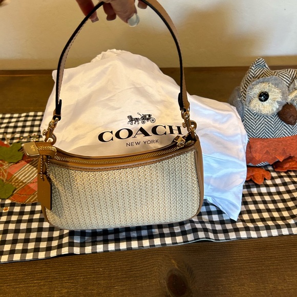 COACH Teri 2way Shoulder Bag Crossbody Straw/Leather Latte CR350 - Picture 3 of 5